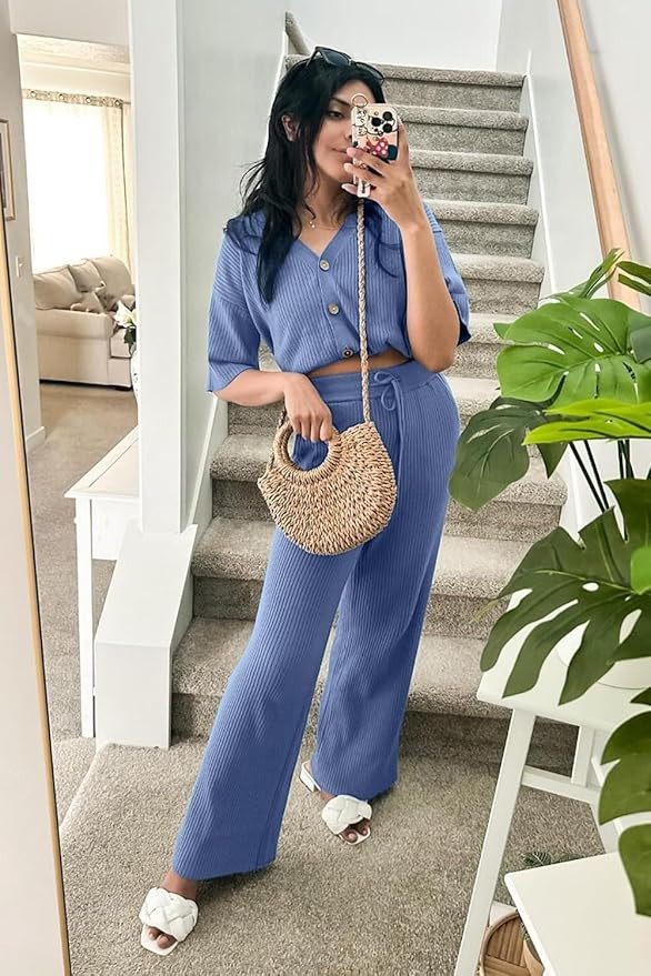 Arach&Cloz Womens 2 Piece Sets Spring Summer Outfits 2024 Short Sleeve Cardigan Sweaters Wide Leg... | Amazon (US)