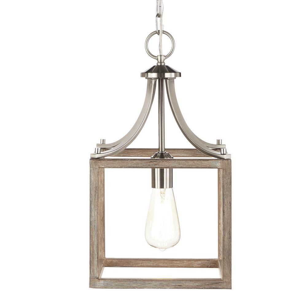 Boswell Quarter 9.44 in. 1-Light Brushed Nickel Mini Pendant with Painted Weathered Gray Wood Acc... | The Home Depot