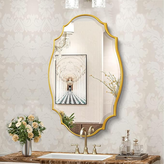 Scalloped Oval Wall Mirror, 24“X36” Gold Bathroom Vanity Mirror, Ornate Decorative Mirror for... | Amazon (US)