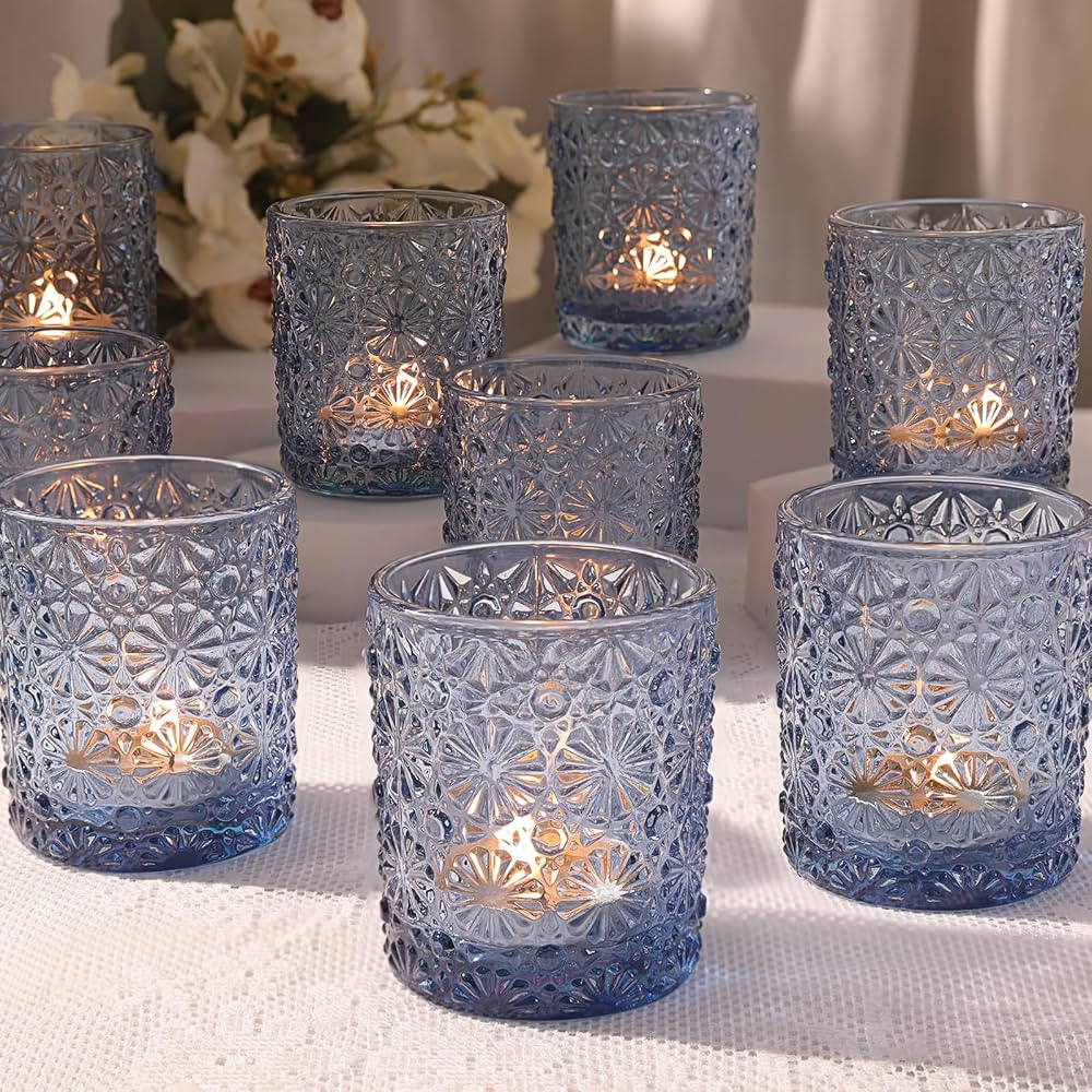 Blue Votive Candle Holder Set of 12, Flower Tea Lights Candles Holders for Wedding Table Centerpi... | Amazon (US)