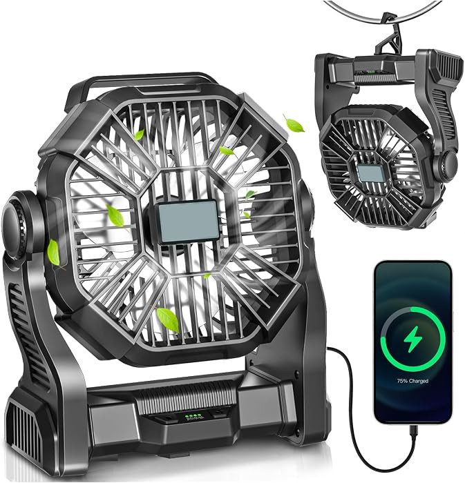 AEscod Portable Camping Fan, Rechargeable Battery Operated with LED Lights, Hanging Hook, 270\u00... | Amazon (US)