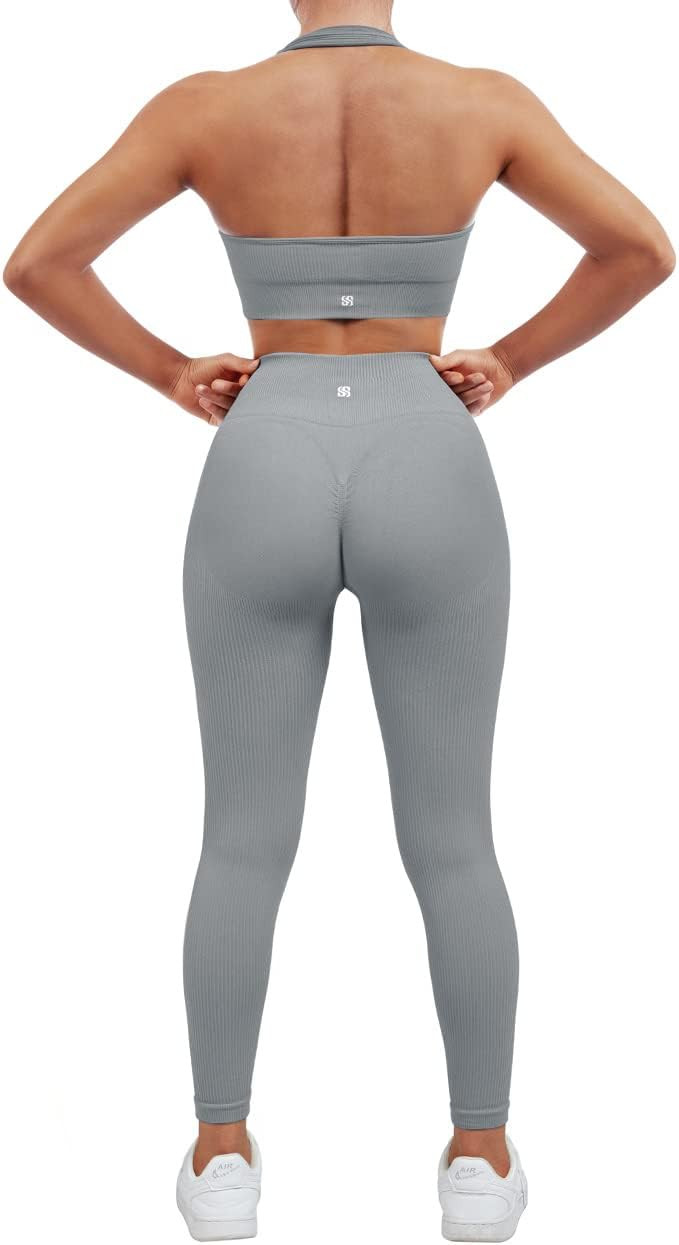 SUUKSESS Women Seamless Ribbed Workout Set Backless Sports Bra Booty Biker Short | Amazon (US)