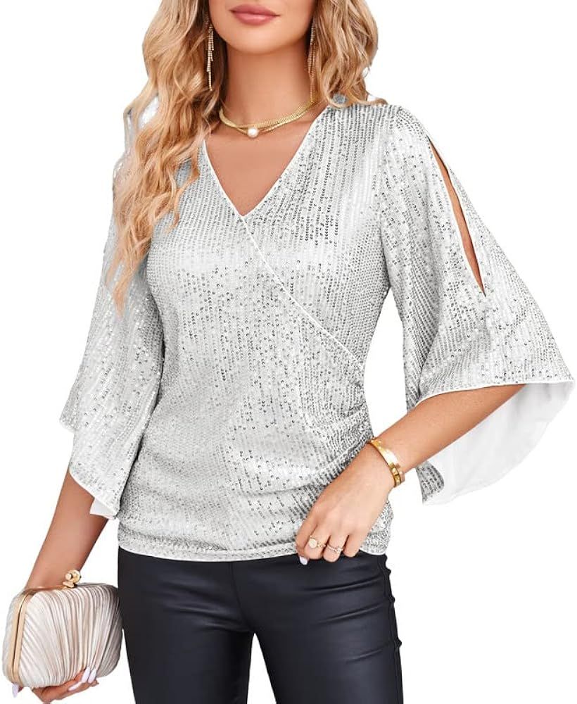 GRACE KARIN Womens Sequin Tops 3/4 Sleeve Glitter Sparkly Party Blouse V-Neck Dressy Tops for Eve... | Amazon (US)