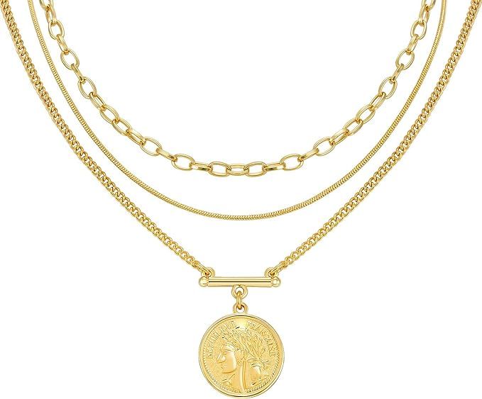 LANE WOODS 18k Gold Plated Necklaces for Women & Girls - Multilayer Coin Medallion Pendant Neckla... | Amazon (US)