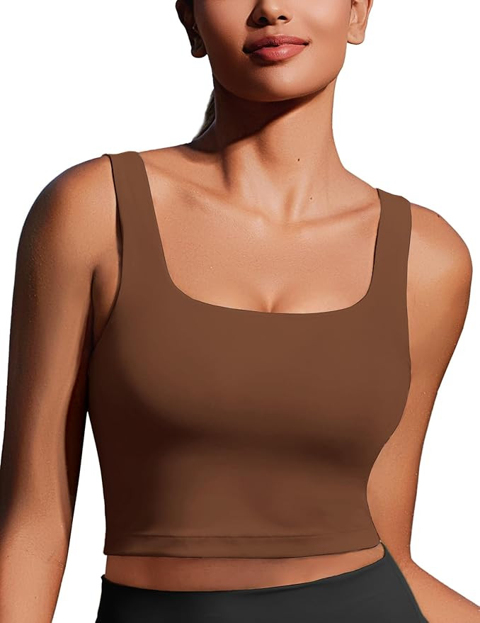 PINSPARK Sports Bra for Women Square Neck Longline Tank Top with Built in Bra | Amazon (US)