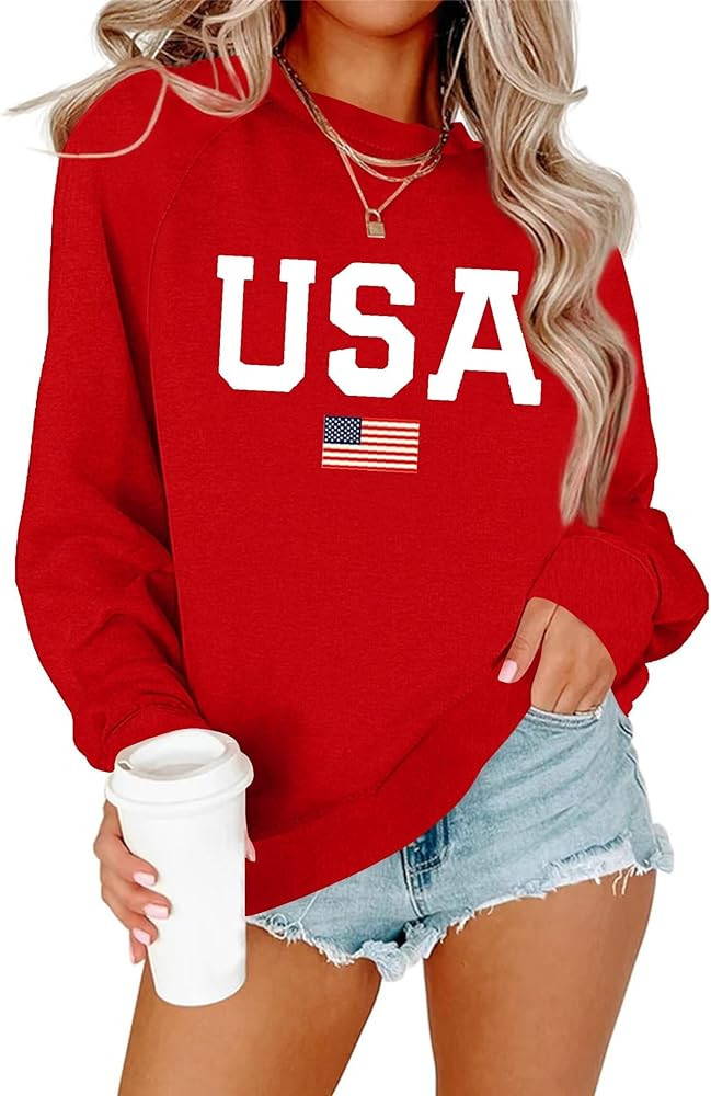 Dressmine Womens USA Shirt Casual Long Sleeve Graphic Tees Knit Crew Neck Sweatshirts Loose Pullo... | Amazon (US)