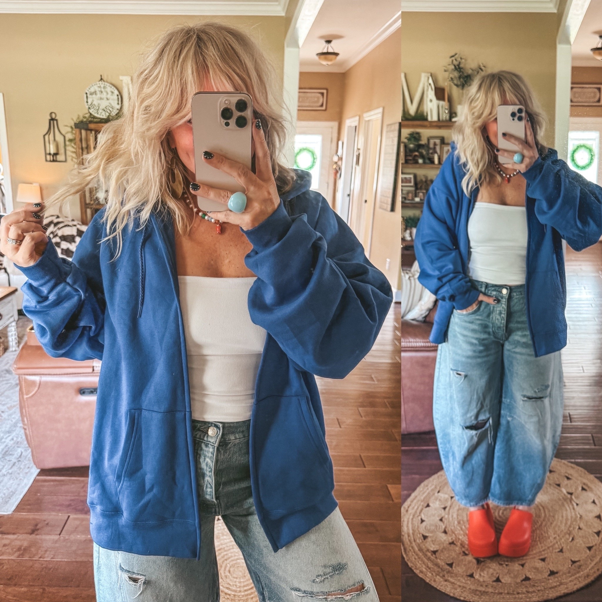 This Hanes hoodie is so good! Now I love it even more with the zipper cut out of it! 
I’m in a size large 
Tube top medium 
Jeans sized down one 
Crocs I size down one 
Fish necklace is @shopbeljoy save with code MANDIE

#LTKOver40