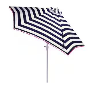 9 ft. Aluminum Market Tilt Patio Umbrella in Black Cabana Stripe with Pom Trim | The Home Depot