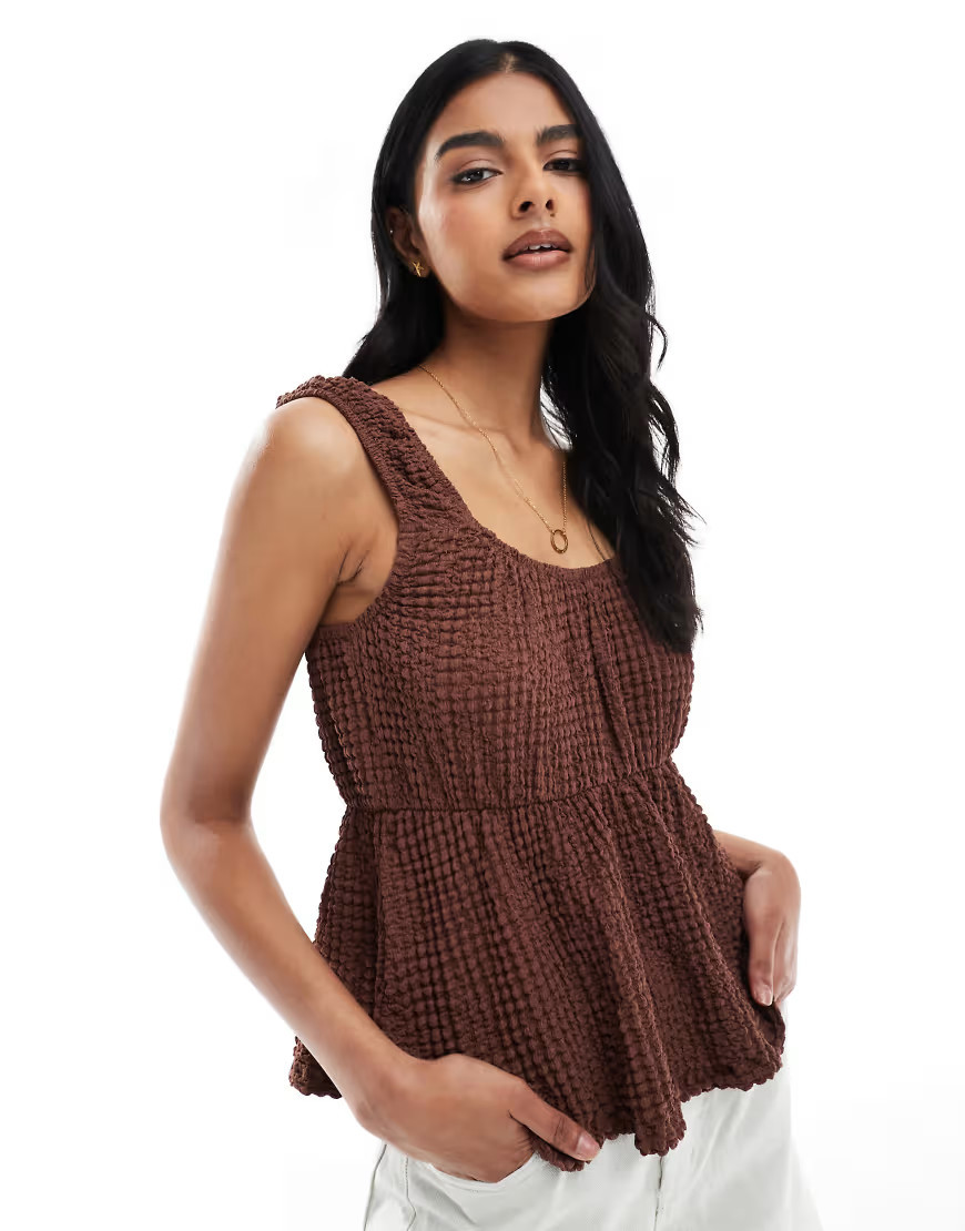 ASOS DESIGN textured babydoll top in brown-pink | ASOS (Global)