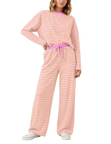 MISSACTIVER Womens Striped 2 Piece Lounge Sets Long Sleeve T Shirts Wide Leg Pants Drawstring Pajamas Set Vacation Outfit Pink Yellow | Amazon (US)