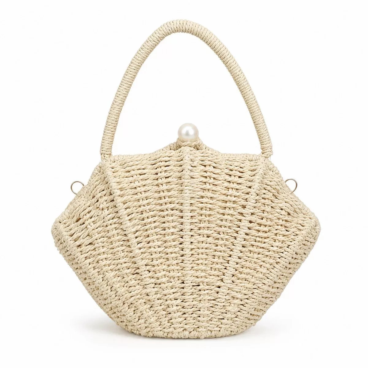 Alilang Shell Woven Top Handle Bag with Pearl Button and Detachable Chain Strap, Beige | Target