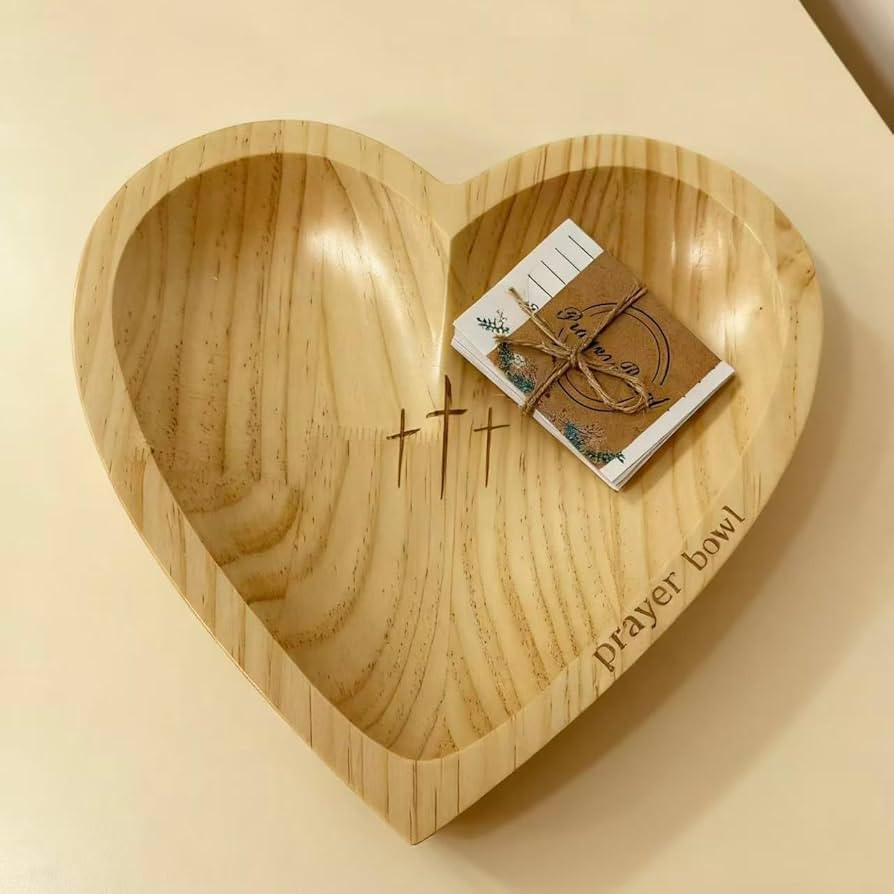 Heart Prayer Bowl with 24 Cards - Christian Heart Shaped Wooden Dough Bowl for Baptism, Handcraft... | Amazon (US)