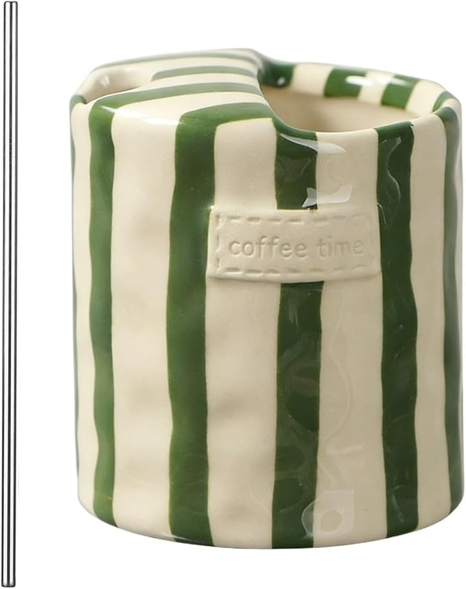 Ceramic Coffee Cup with Sip Hole, Retro Striped Coffee Mugs Handmade Art 10oz Porcelain Hot Cold ... | Amazon (US)