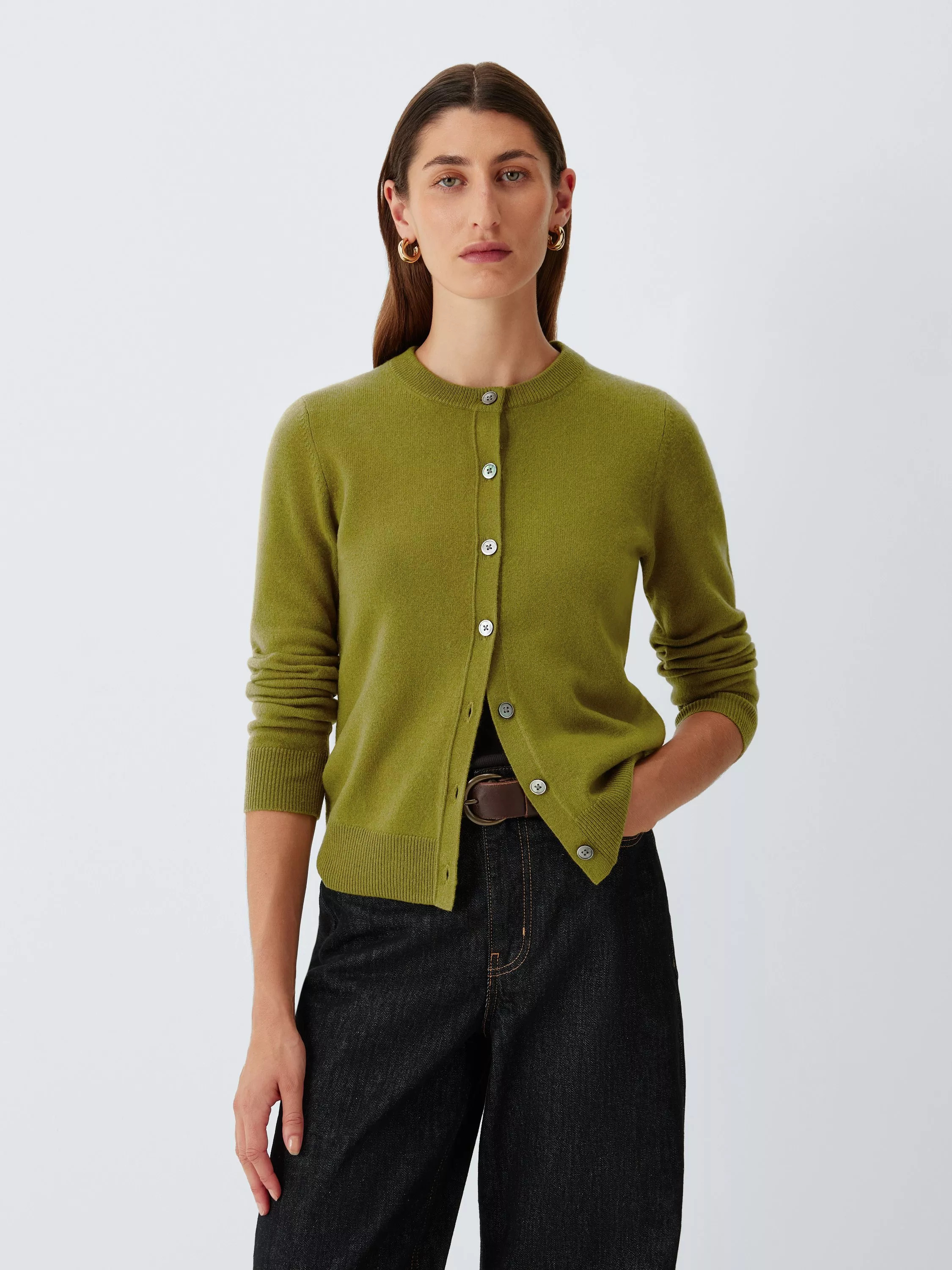 Cashmere Crew Neck Cardigan, Olive | John Lewis (UK)