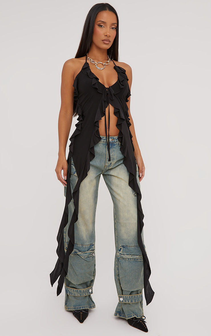 Plunge Halterneck Extreme Frill Detail Top In Black | EGO Shoes (US & Canada)