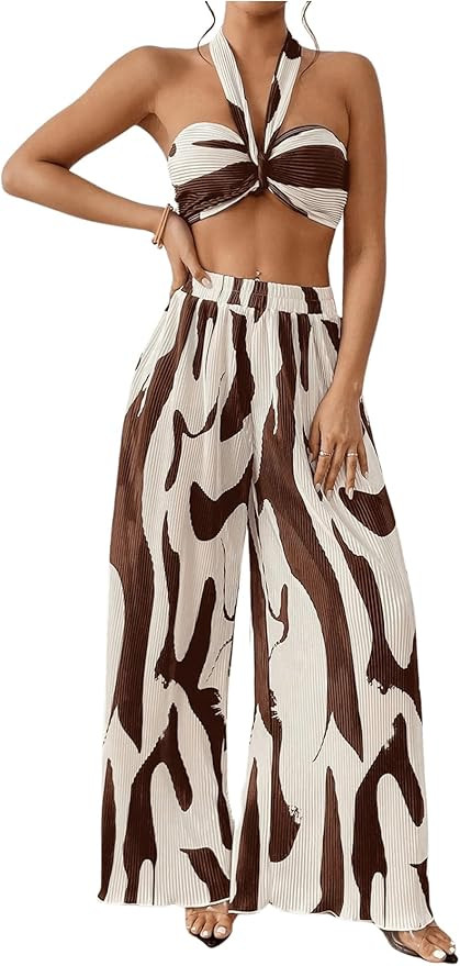 OYOANGLE Women's 2 Piece Vacation Outfits Graphic Print Knitted Crop Halter Top and Wide Leg Pant... | Amazon (US)