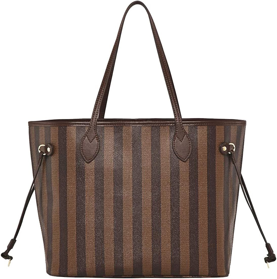 Women Luxury Work Tote Bag Casual Shoulder Purse Large Carry-all Handbag (Brown Stripe) | Amazon (US)
