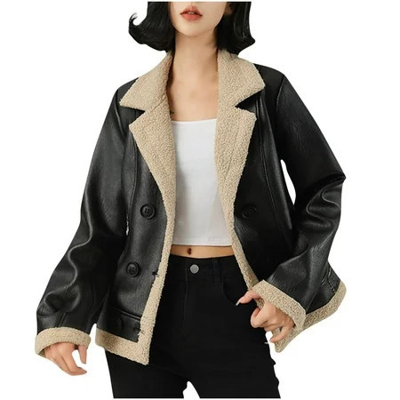 Womens Faux Leather Sherpa Lined Jacket Winter Warm Shearling Fleece Lined Biker Coats Button Faux Fur Fluffy Moto Jacket | Walmart (US)
