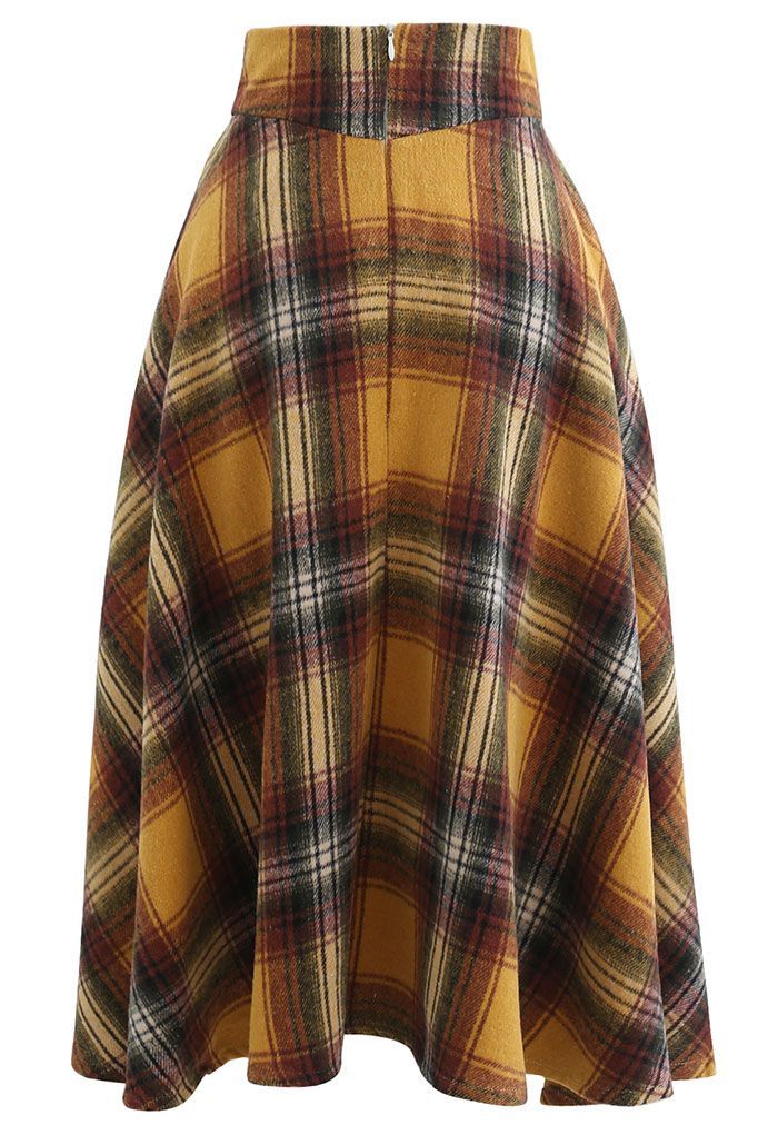 Multicolor Check Print Wool-Blend A-Line Skirt in Mustard | Chicwish