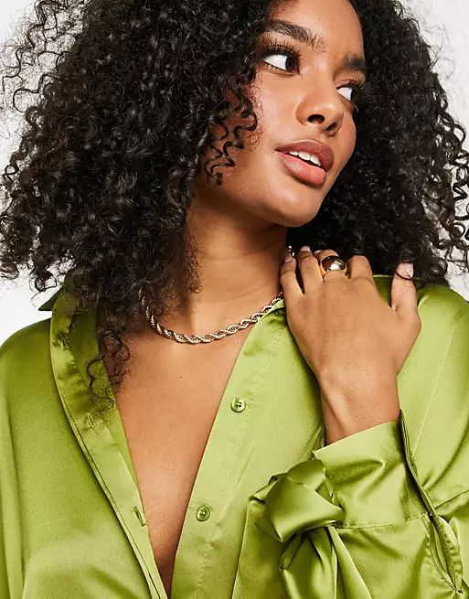 ASOS DESIGN oversized satin shirt with tie cuff detail in green - part of a set | ASOS (Global)
