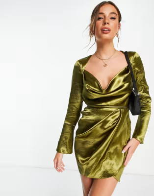 ASOS DESIGN cowl neck mini dress with drape skirt and waist tie detail | ASOS (Global)