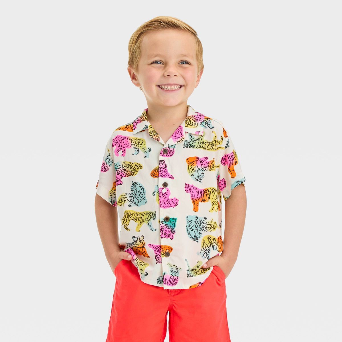 Toddler Boys' Rainbow Tiger Challis Shirt - Cat & Jack™ Off-White 12M | Target