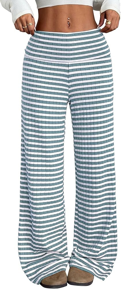 ZAFUL Women's Striped Pants Casual Fold Waist Wide Leg Pants Lightweight Comfy Stretchy Loose Lou... | Amazon (US)