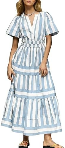 Womens Summer Causal Maxi Dress Short Sleeve V Neck Elastic Waist A Line Boho Flowy Long Dresses ... | Amazon (US)