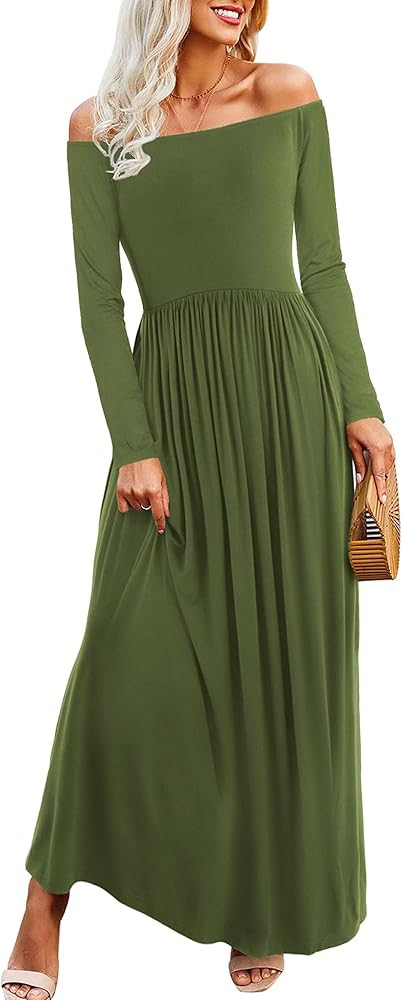 Amoretu Dresses for Women Long Sleeve Off Shoulder Maxi Flowy Casual Loose Plain Dress Withe Pock... | Amazon (US)