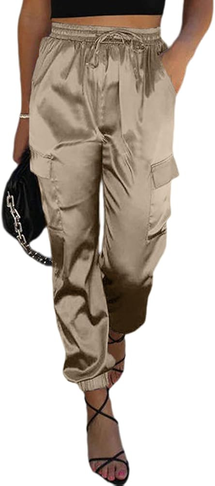 EVALESS Satin Joggers for Women Drawstring Elastic High Waist Straight Leg Cargo Pants Long Loung... | Amazon (US)