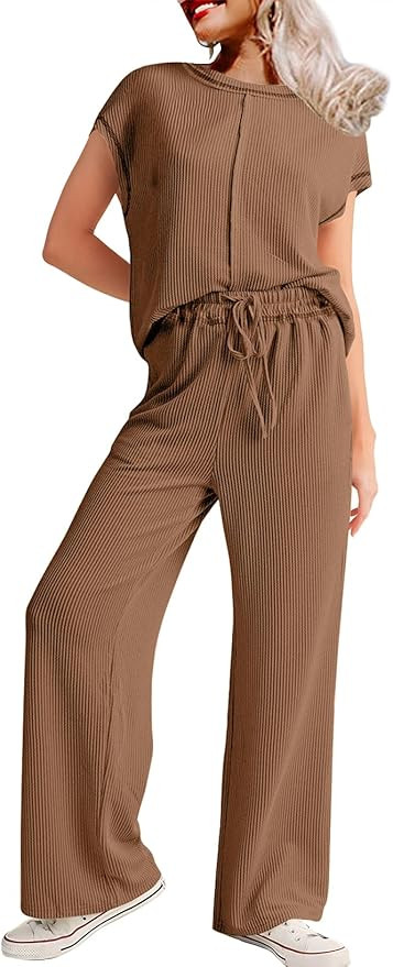 SHEWIN Women's 2 Piece Outfits Lounge Sets Casual Cap Sleeve Pullover Tops Matching Drawstring Wi... | Amazon (US)