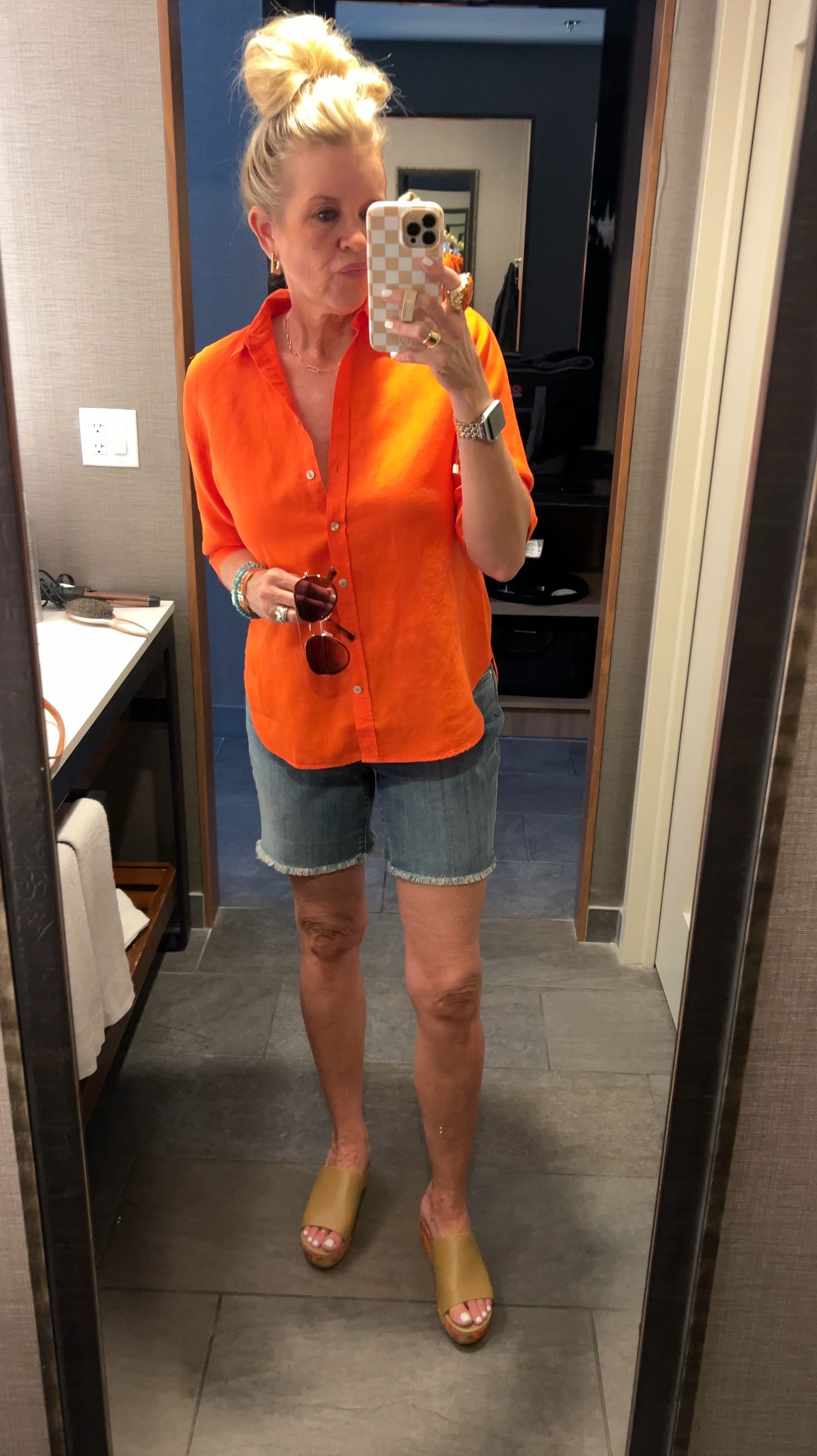 #ootd 
Easy and a great look for summer everyday, outing, travel great basics you’ll wear on repeat!

Linen 3/4 sleeve button up  in a great bright color perfect for summer 

Frayed edge Jean/denim short,- med Bermuda length 

Fun bracelet stack for Arm Candy  all by Chicos 

Square gold Hoops Chicos 

Cutest tan & Orange wedge slides with coral bottoms by Chicos on sale 

Great sunglasses by Chicos 

#LTKOver40 #LTKSaleAlert #LTKStyleTip