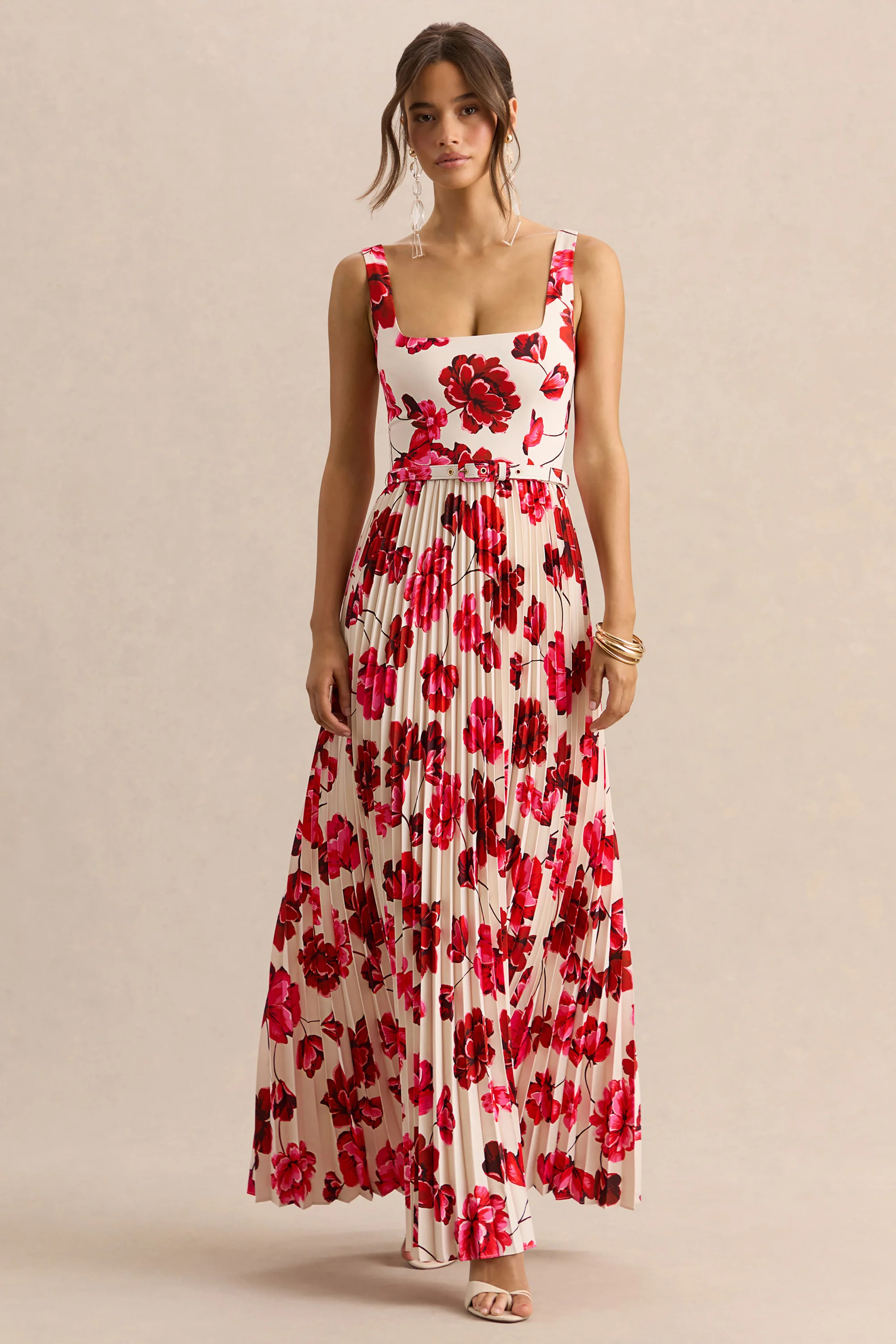 Danika | Hot Pink Floral Print Square-Neck Belted Maxi Dress With Pleated Skirt | Club L London