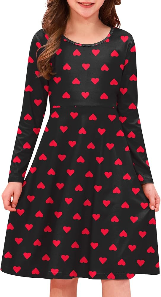 Girl's Valentine's Day Heart Print St Patrick's Clover Long Sleeve A-line Midi Dress 4-14 Years | Amazon (US)