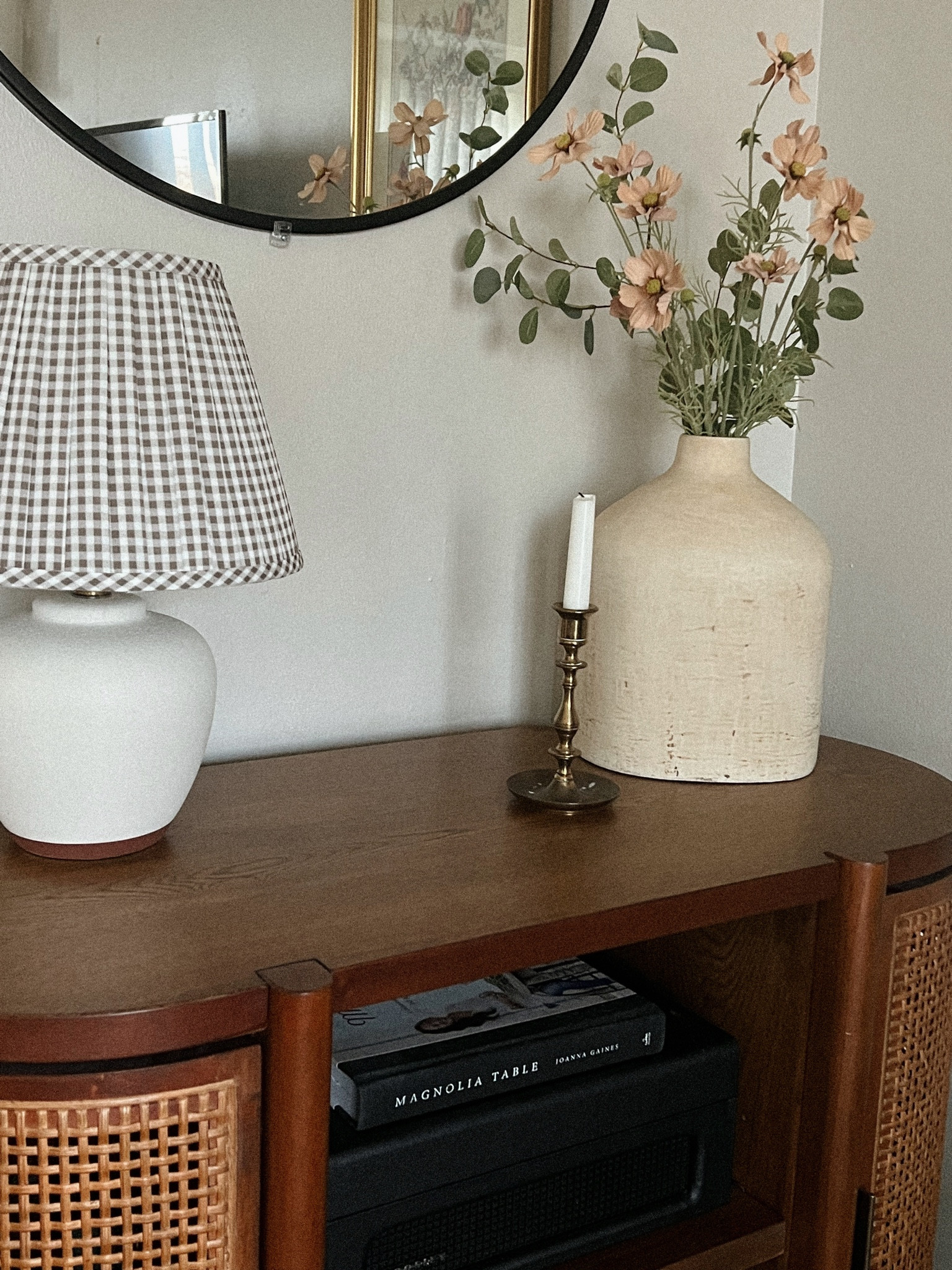 styling “beige cosmo spray” from hobby lobby

Threshold Designed with Studio McGee, Hearth & Hand with Magnolia, vintage, neutrals, affordable home decor, Target, brass candle holder, vase, faux greenery, table lamp, walnut console table, black mirror, taper candles

#LTKSeasonal #LTKstyletip #LTKhome