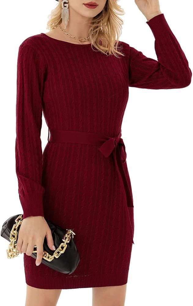 GRACE KARIN Women Knitted Mini Sweater Dress Lantern Sleeves Crewneck Bodycon Dress Belted | Amazon (US)