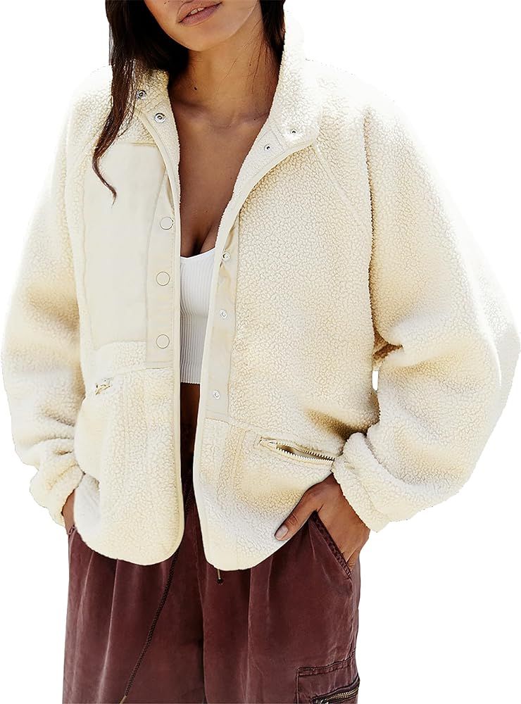 PRETTYGARDEN Women 2023 Fall Winter Fleece Jacket Long Sleeve Casual Button Fuzzy Sherpa Cropped ... | Amazon (US)