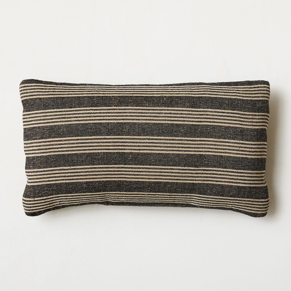 Outdoor Natural Mini Stripe Pillow, 12&amp;quot;x21&amp;quot;, Natural/Midnight | West Elm (US)