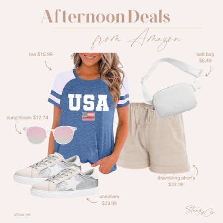 More afternoon deals! This patriotic tee is paired with drawstring shorts, sneakers with star detail, a white belt bag, and clear sunglasses. Everything here is on sale!

Ootd, 4th of July outfit, Amazon fashion, summer outfit 

#LTKfindsunder50 #LTKsalealert #LTKstyletip