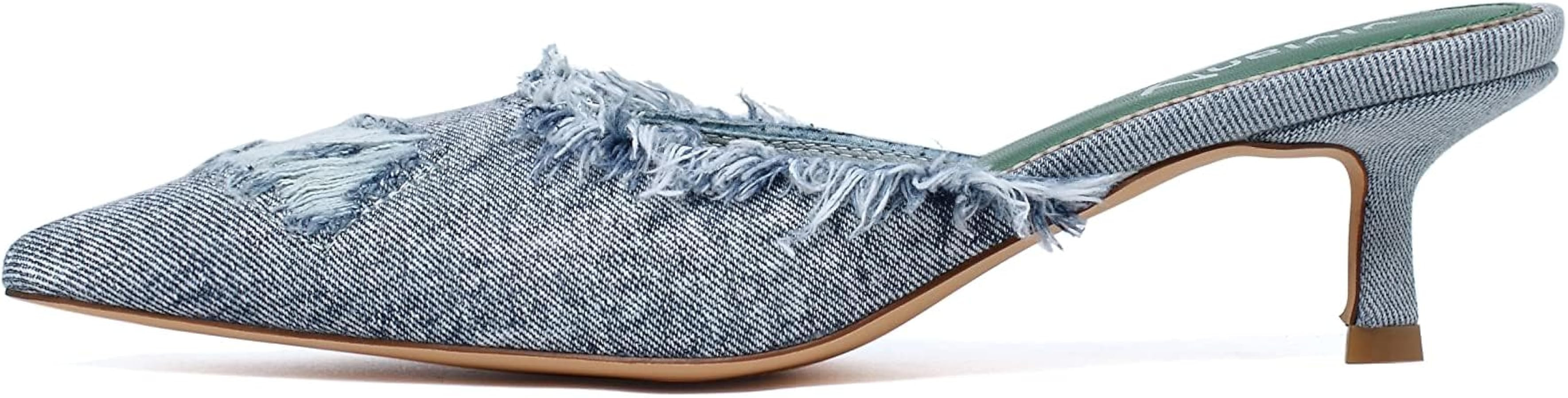 vivianly Women's Denim Heeled Mules Pointed Toe Kitten Heels Sandals | Amazon (US)