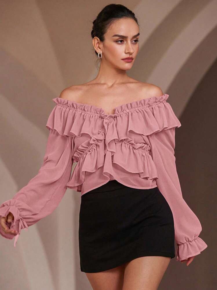 Aveloria Rosie V-Neck, Off Shoulder Elastic 2-Way Faux Pearl Chiffon Layered Ruffle Hem Long Sleeve Bowknot Waist Top, Romantic Rose Red, For Women | SHEIN