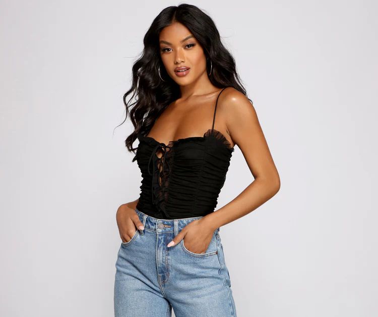 Ruched Ruffle Lace-Up Bodysuit | Windsor Stores