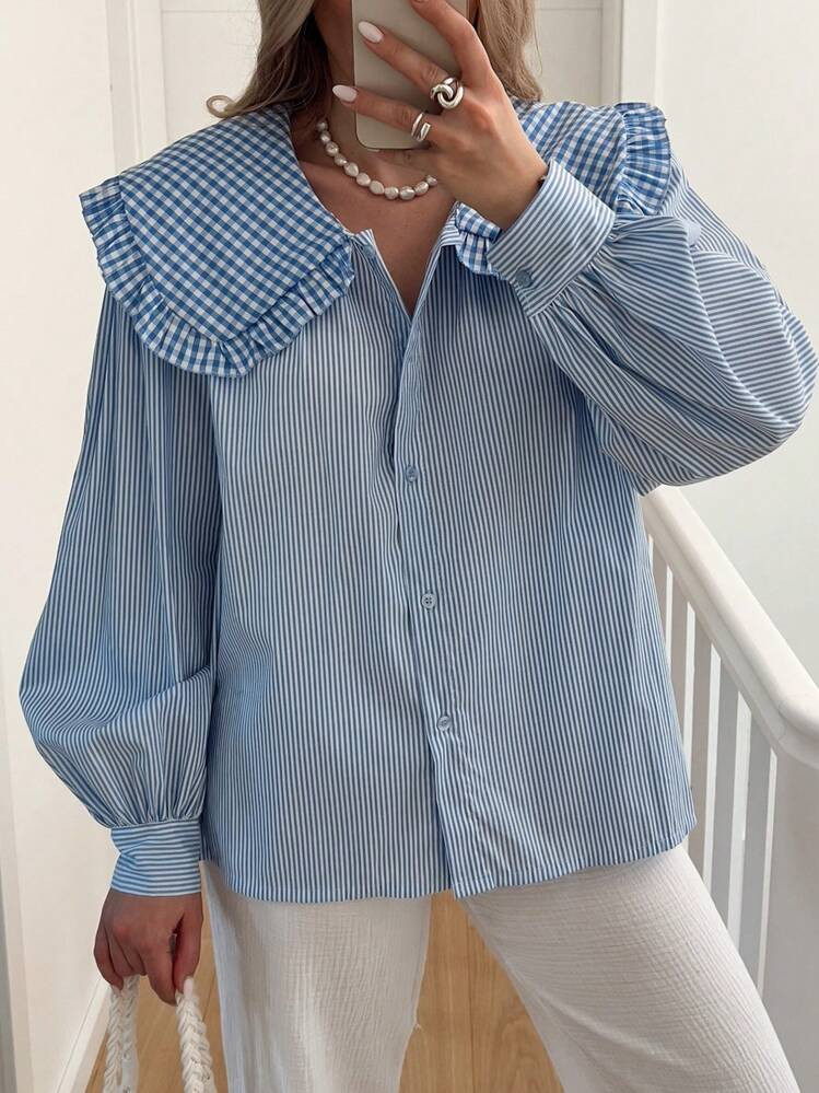 INAWLY Women's Peter Pan Collar Plaid & Stripe Long Sleeve Casual Shirt,Long Sleeve Tops | SHEIN