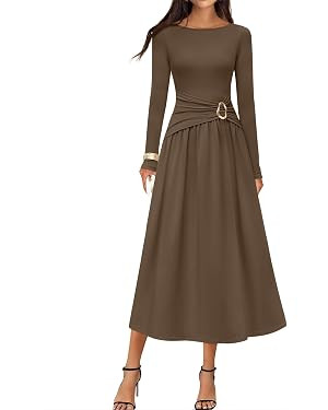 MEROKEETY Women's 2025 Fall Long Sleeve Midi Dress Elegant Boat Neck Ruched Swing Cocktail Party ... | Amazon (US)