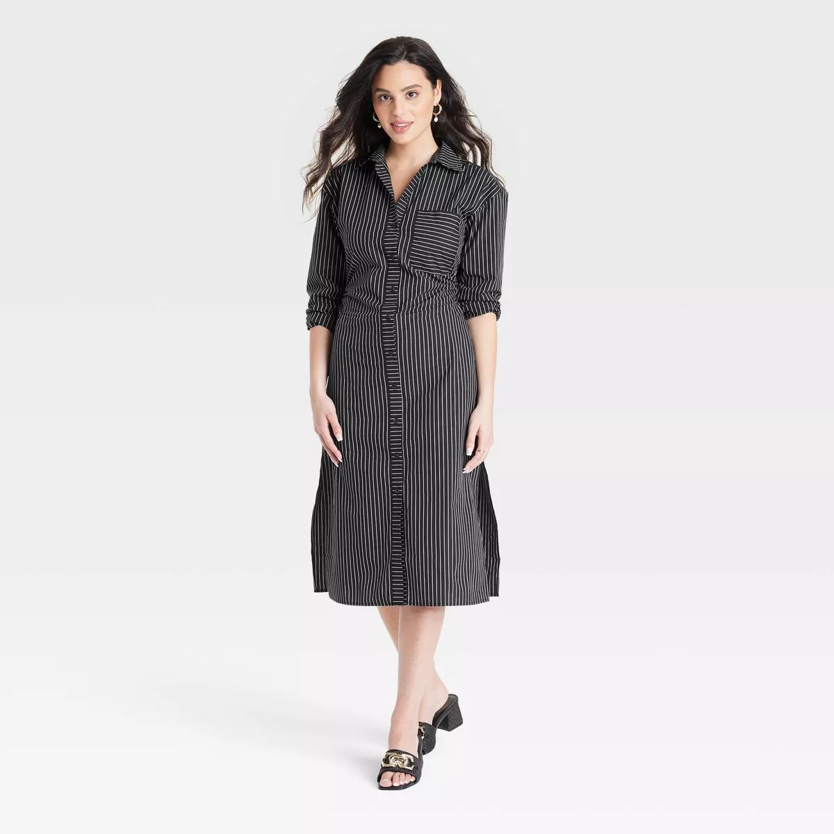 Women's Versatile Long Sleeve Midi Shirtdress - A New Day™ Black/White Striped | Target