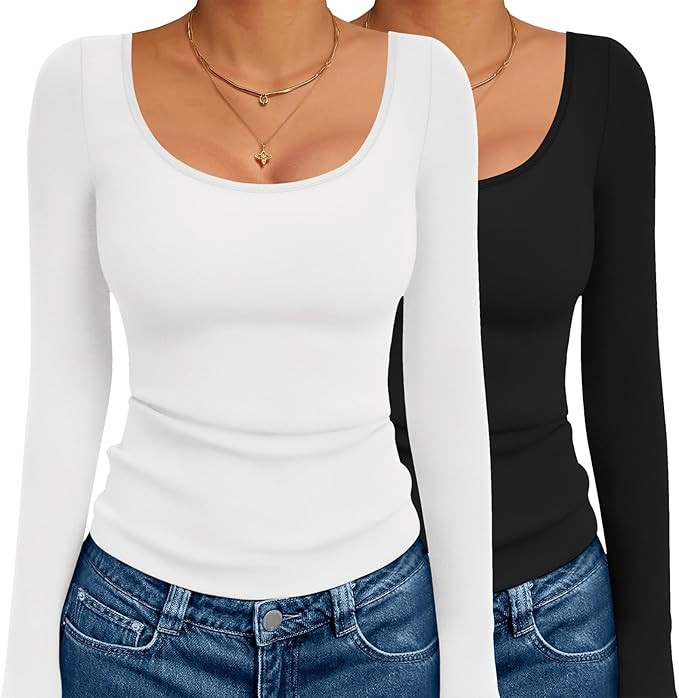 Ekouaer 2 Pack Long Sleeve Shirts for Womens Scoop Neck Tops Slim Fit Undershirts Basic Thermal T... | Amazon (US)