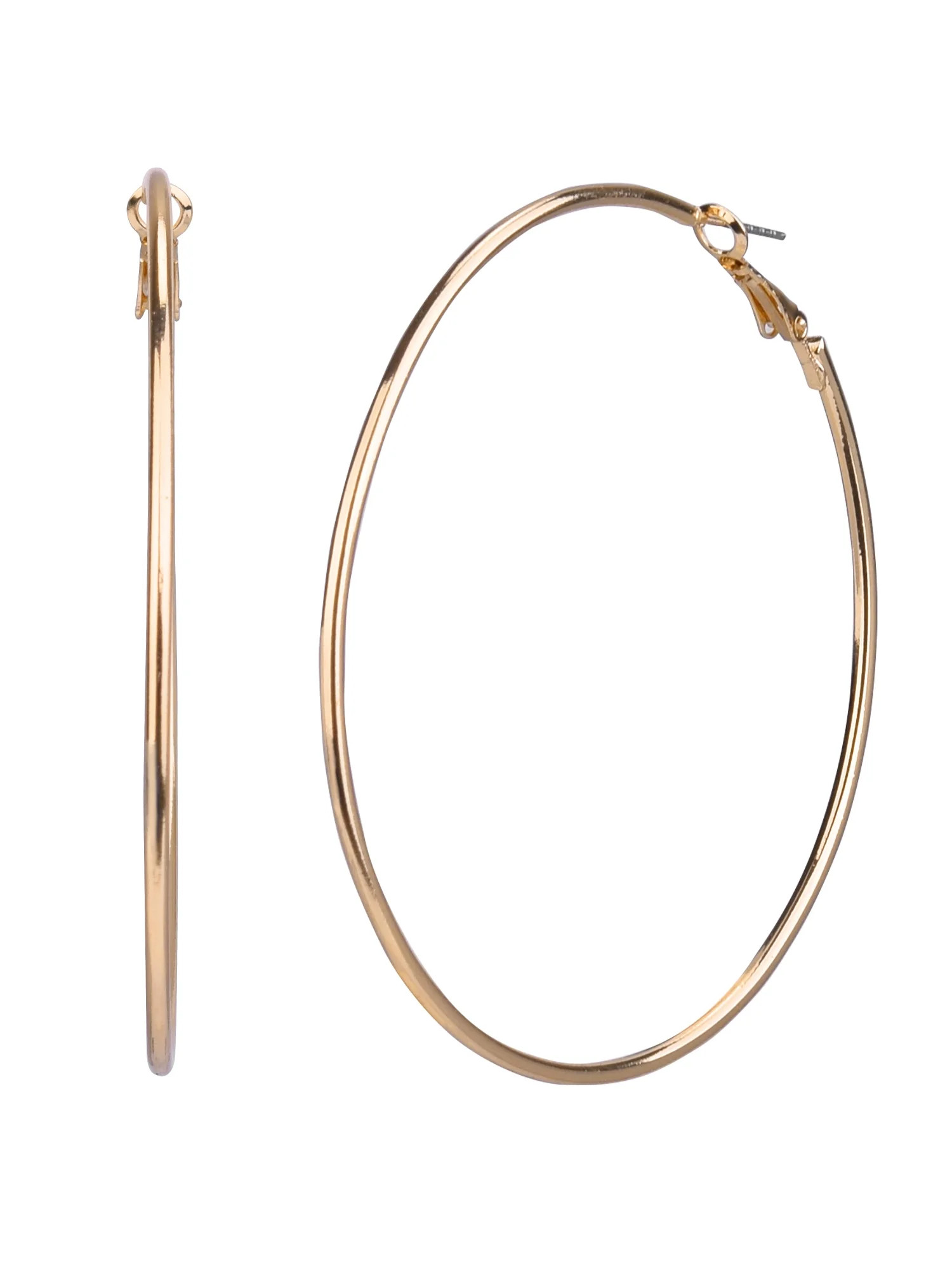 Time and Tru Women's Gold Tone Clutchless Large Metal Hoop Earring | Walmart (US)
