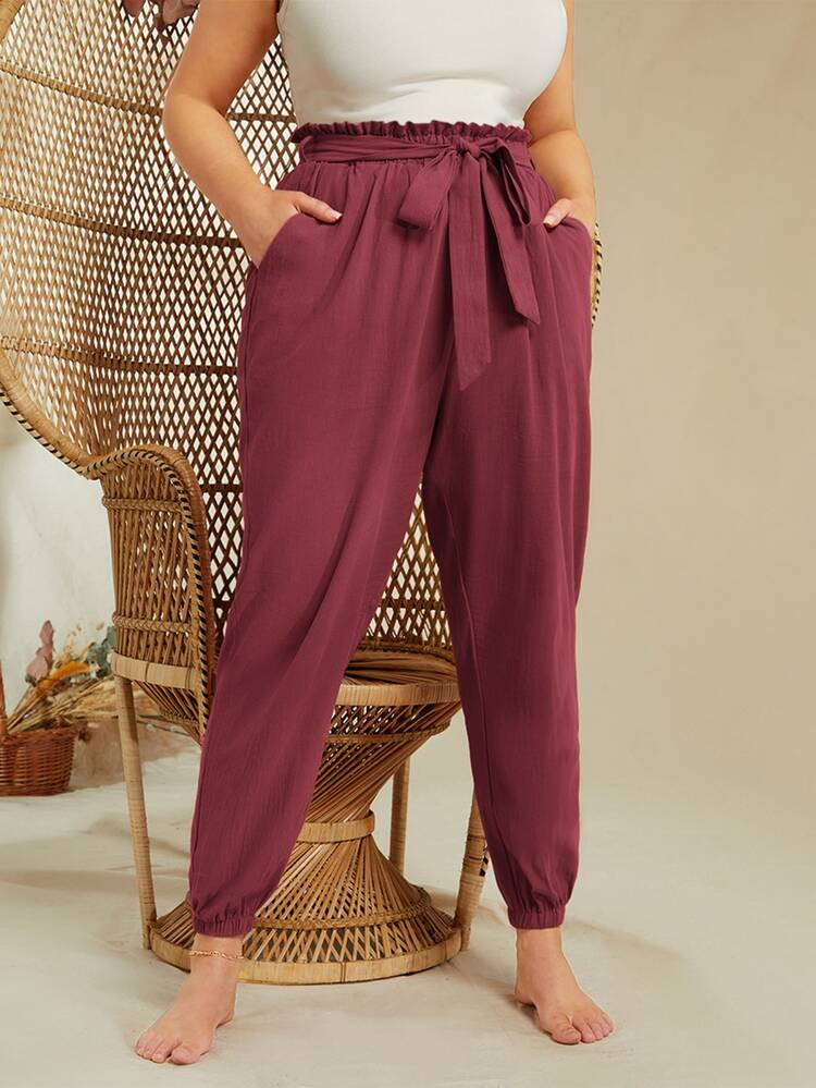 SHEIN Plus Paperbag Waist Belted Pants | SHEIN