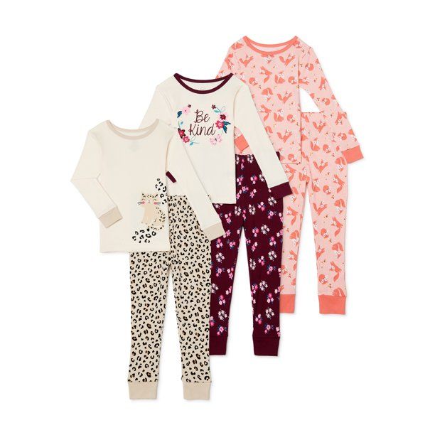 Wonder Nation Baby and Toddler Girl Long Sleeve Snug Fit Cotton Pajamas, 6-Piece Set, Size 12M-5T | Walmart (US)