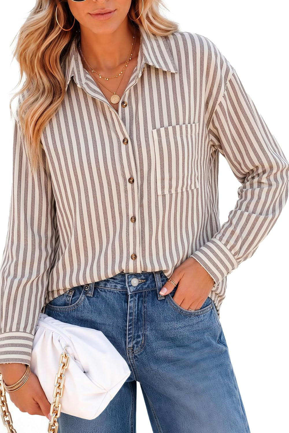 CHYRII Women's Striped Button Down Long Sleeve Blouse | Amazon (US)